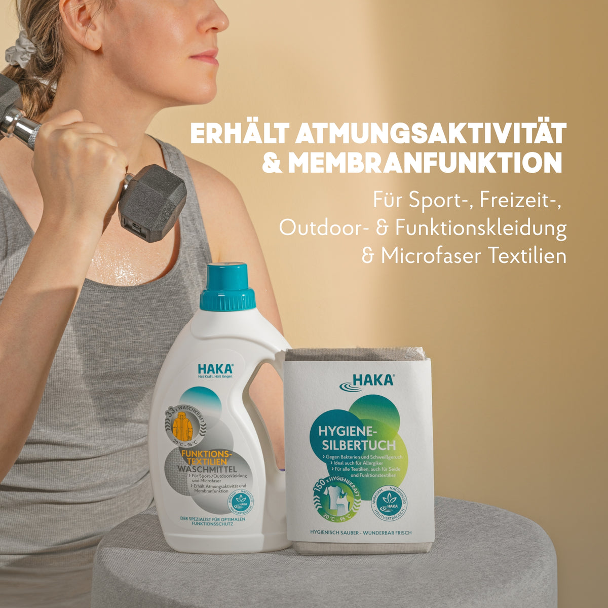 Sportlerin, das Funktionstextilienwaschmitttel und Hygiene-Silbertuch